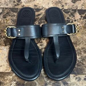 Tory Burch Marsden Black Flat Thong Sandals Gold Buckle